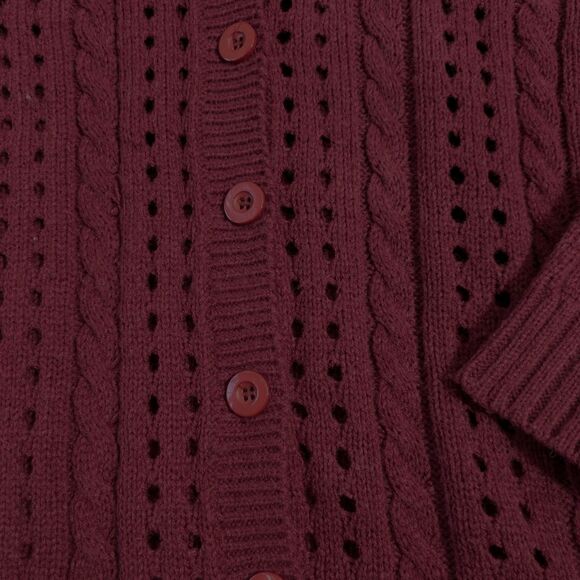 POL Open Knit Cardigan Women's Large Burgundy 100% Cotton V neck Twee - Picture 4 of 8